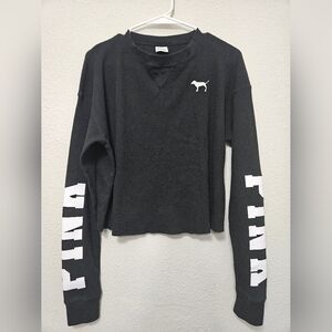 Pink small black waffle knit cotton blend longsleeve crop shirt top dog Logo